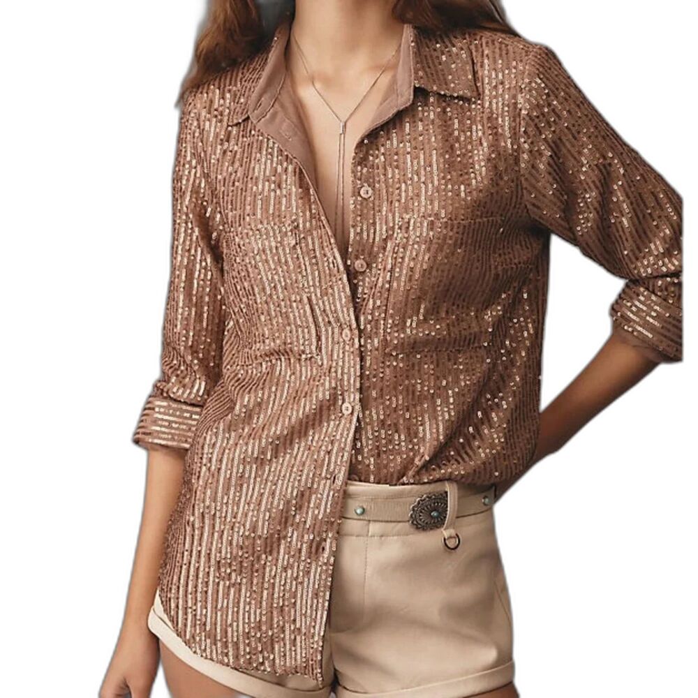 Anthropologie Brown Bronze Sequin Remie Collared Button Down Shirt XS NWT
